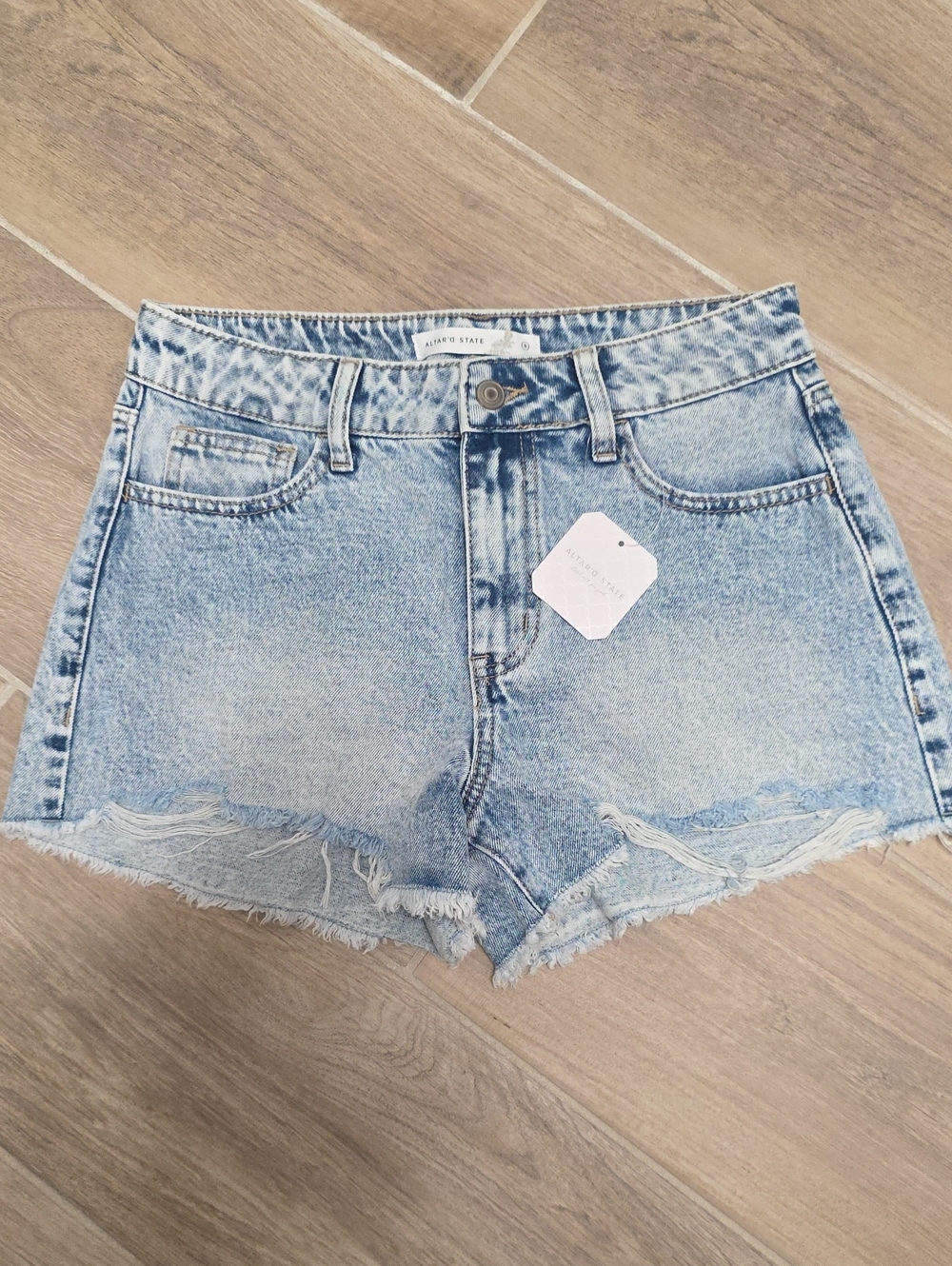 Altered StatevMid-Rise Distressed Denim Shorts - Light Blue